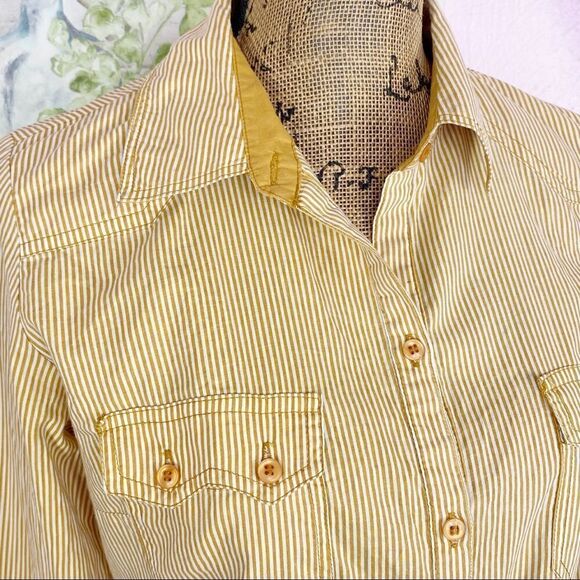 Zara TRF Button Front Shirt Striped Elbow Patches Medium Yellow White Oxford - Picture 4 of 9